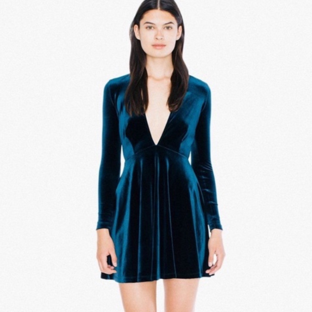 American Apparel Teal Velvet Deep V Long Sleeve Skater Mini Dress